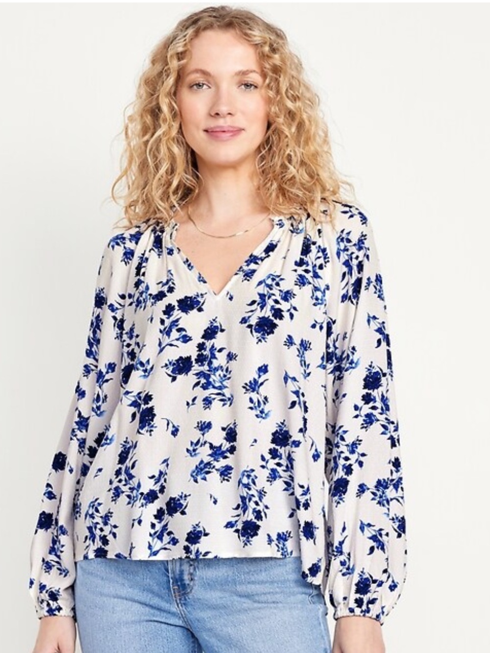 Old Navy Cream Blouse with Navy Floral Print